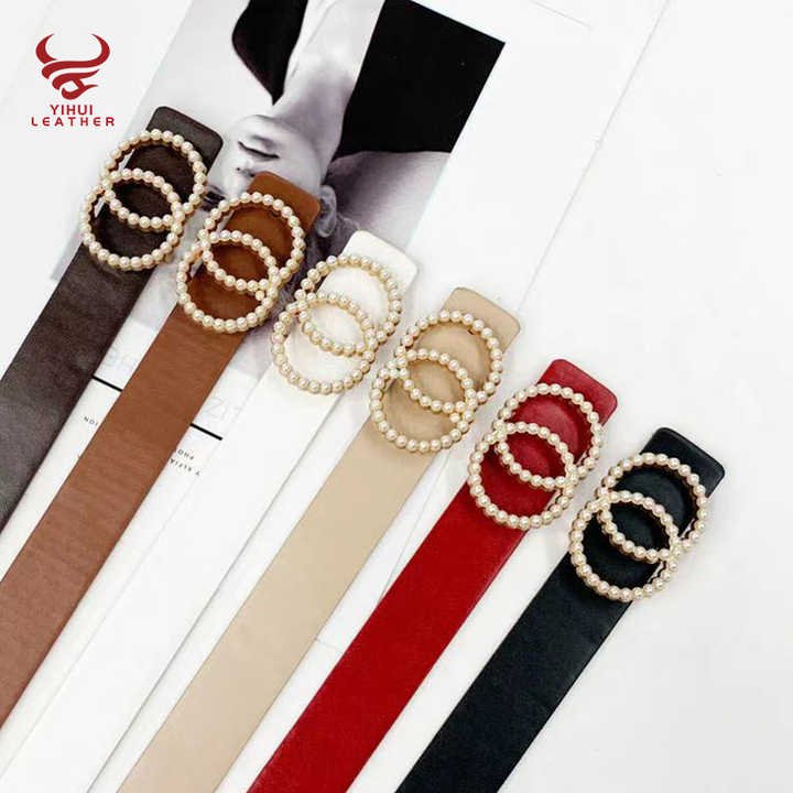 Fashion New Style Faux Leather Double O-Ring Buckle Belt for Women PU Leather Pearl Waist Belts for Lady Dress