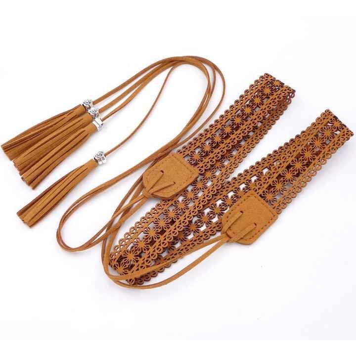 Fashion Bohemian Chain Wood Braided Knotted Tassel Waist Belt PU Leather Flower Hollow Rope Chain Belt for Girls Skirt Dress - Image 3