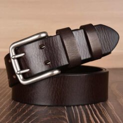 Casual 2 Holes Full Grain Leather Work Waist Belts 38mm Heavy Duty Double Prong Buckle Genuine Leather Belt for Men Jeans