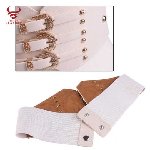 Fashion Ladies Lace-up Cinch Belts Elastic Stretch Waist Band Belt Elastic Strength Pu Leather 3 Buckles Wide Corset Belt Women - Image 5