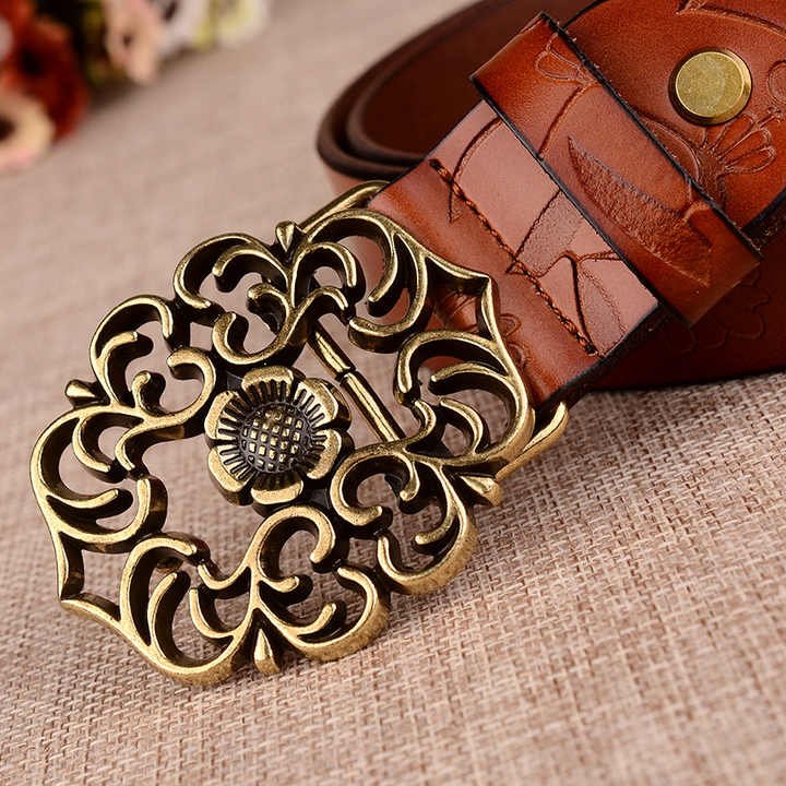 New Designer 100% Leather Belt With Hollow Flower Belt Buckle for Lady Carving Pattern Genuine Leather Vintage Waist Belt Women - Image 2