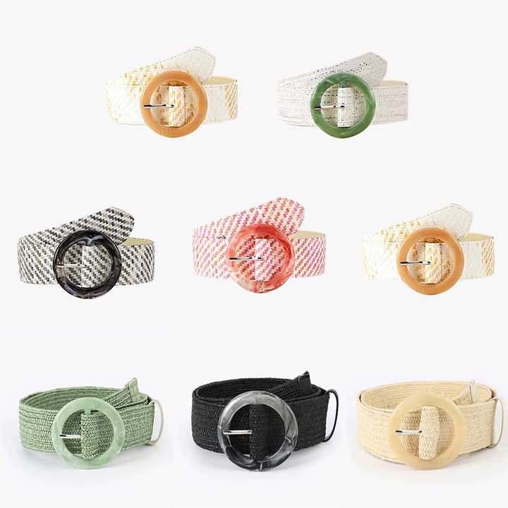 2023 New Design Fashion Boho Solid Color Resin Buckle Elastic Waist Belts Beautiful Elastic Strength PP Straw Belt for Girls