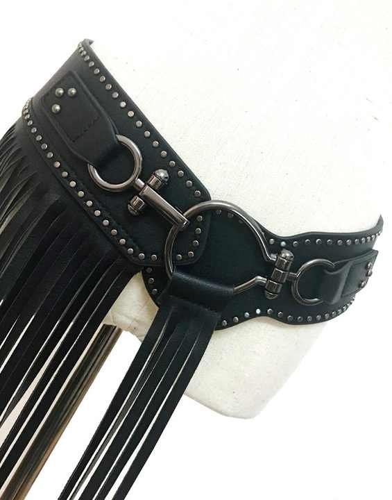 New Trendy Black Faux Leather Punk Rocker Dance Waist Dress Belt Vintage Black PU Leather Tassel Fringe Skirt Belt for Girls - Image 5