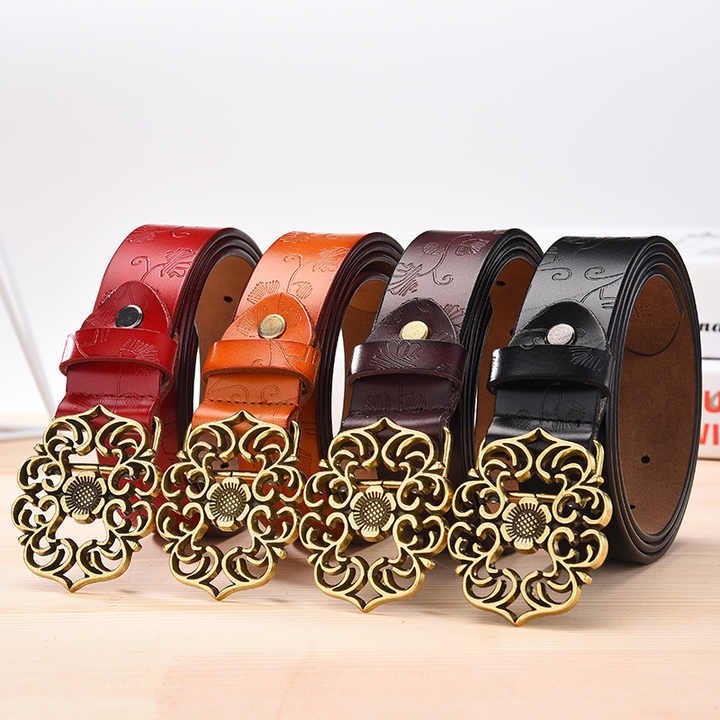 New Designer 100% Leather Belt With Hollow Flower Belt Buckle for Lady Carving Pattern Genuine Leather Vintage Waist Belt Women - Image 5