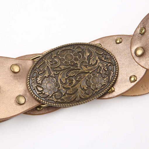 Retro Punk Metal Buckle Big Round Rivet PU Leather Belt Wide Disk Link Boho Oval Disc Concho Leather Belt for Cowboy Cowgirl - Image 2