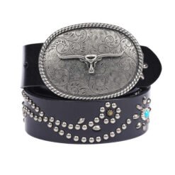New Tread Punk Bull Buckle Genuine Leather Belt With LongHorn Bull Buckles Adjustable Cowhide Leather Belt for Western Cowboy