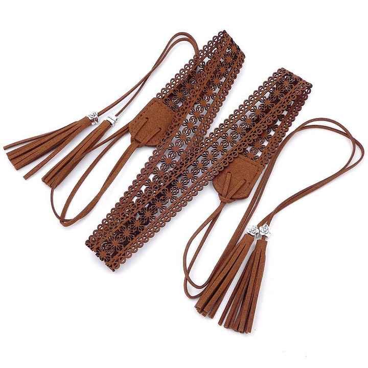 Fashion Bohemian Chain Wood Braided Knotted Tassel Waist Belt PU Leather Flower Hollow Rope Chain Belt for Girls Skirt Dress - Image 5