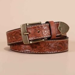 New Western Floral Engraved Embossed Genuine Leather Men's Belt With Brass Buckle Custom logo Full Grain Leather Belts for Men
