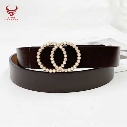 Fashion New Style Faux Leather Double O-Ring Buckle Belt for Women PU Leather Pearl Waist Belts for Lady Dress - Image 3