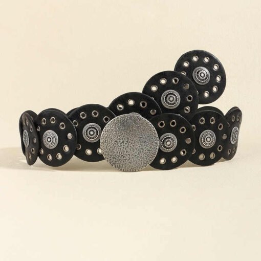 Retro Punk Metal Buckle Big Round Rivet PU Leather Belt Wide Disk Link Boho Oval Disc Concho Leather Belt for Cowboy Cowgirl - Image 5