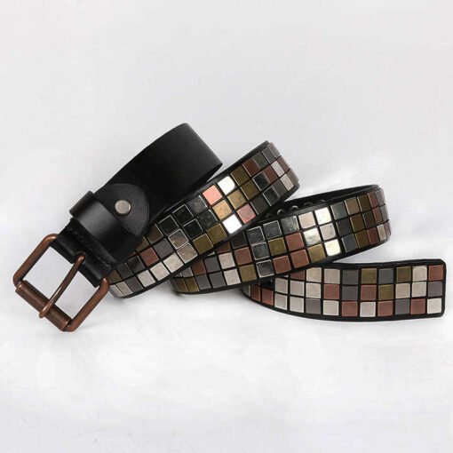 Designer Gothic Punk Rock Belt Studded Row Pyramid Square Roller Buckle Grommet Belt Genuine Leather Belt for Young Men Jeans - Image 2