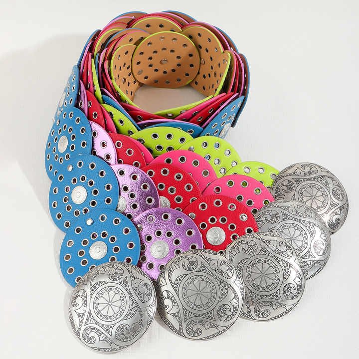 Fashion Retro Punk Big Round Rivet Hole Concho PU Leather Belt for Girls Wide Disk Link Boho Oval Disc Leather Belt for Women - Image 6