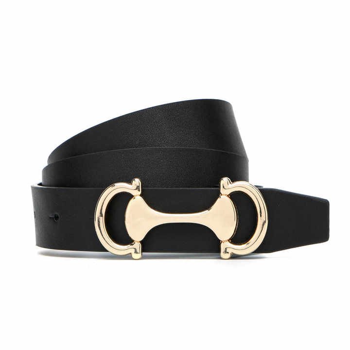 Fashion Ladies Faux Leather Belt With Gold Horsebit Buckle Designer Reversible Skinny PU Leather Belt for Women Jeans Pants