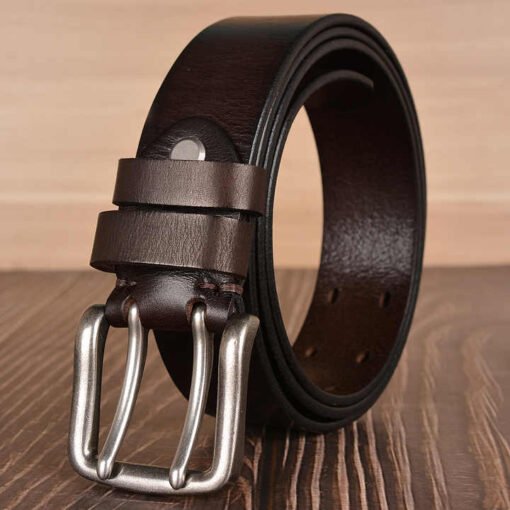 Casual 2 Holes Full Grain Leather Work Waist Belts 38mm Heavy Duty Double Prong Buckle Genuine Leather Belt for Men Jeans - Image 3