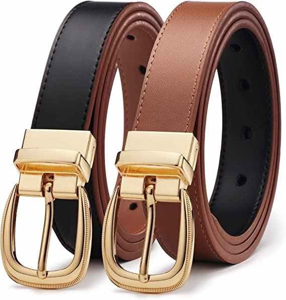Wholesale 100% Leather Rotated Gold Belt Buckle Straps Waist 1.1" Width Jeans Belt Casual Leather Reversible Pants Belt Women