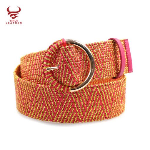 Boho Style PP Straw Round Buckle Waist Belt Colorful Elastic Belt for Youngers 2025 New Designer Braided Women PP Straw Belt - Image 4