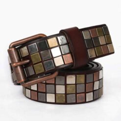 Designer Gothic Punk Rock Belt Studded Row Pyramid Square Roller Buckle Grommet Belt Genuine Leather Belt for Young Men Jeans