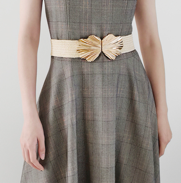 Wholesale Elegant Lady Elastic Strength Braided Cinch Belt Waistband Girl Metal Shell Belt Buckle PP Straw Waist Belt for Women - Image 3