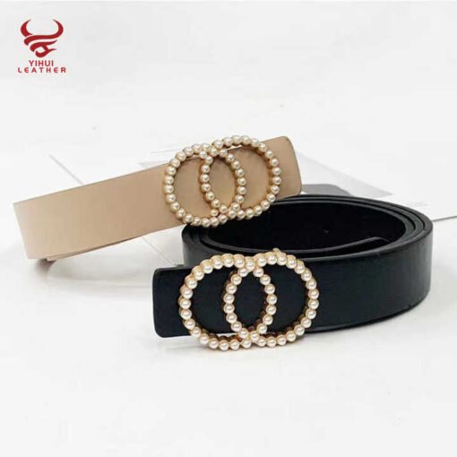 Fashion New Style Faux Leather Double O-Ring Buckle Belt for Women PU Leather Pearl Waist Belts for Lady Dress - Image 2