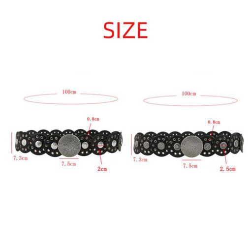 Retro Punk Metal Buckle Big Round Rivet PU Leather Belt Wide Disk Link Boho Oval Disc Concho Leather Belt for Cowboy Cowgirl - Image 3