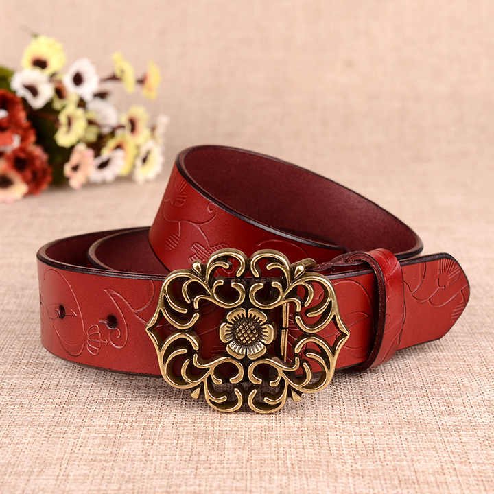 New Designer 100% Leather Belt With Hollow Flower Belt Buckle for Lady Carving Pattern Genuine Leather Vintage Waist Belt Women