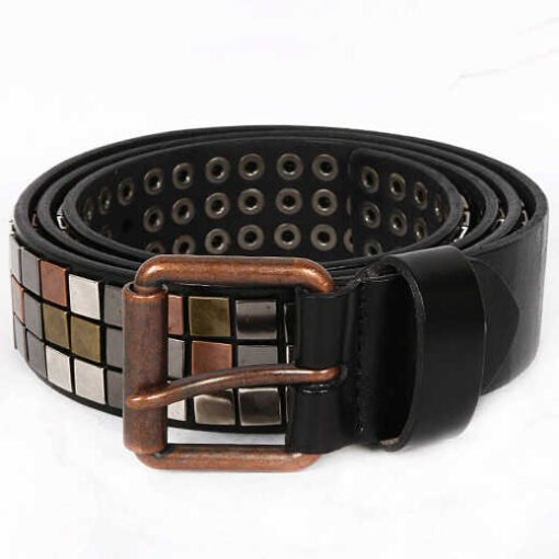 Designer Gothic Punk Rock Belt Studded Row Pyramid Square Roller Buckle Grommet Belt Genuine Leather Belt for Young Men Jeans - Image 4