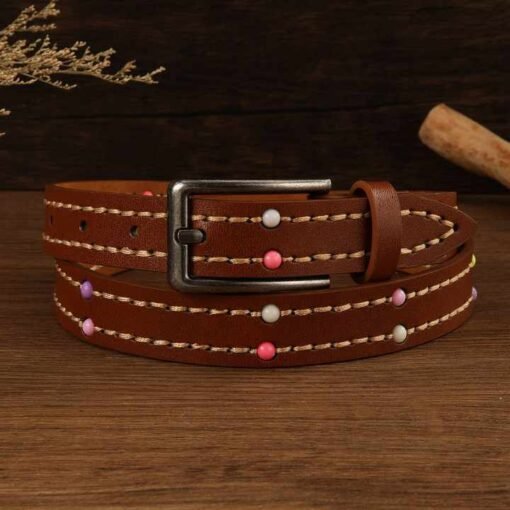 Designer 2025 New Fashion PU Leather Trouser Belt for Girls Dress Custom Trendy Casual Stitching Bead Leather Belt for Women - Image 4