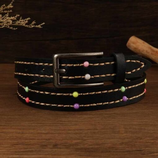 Designer 2025 New Fashion PU Leather Trouser Belt for Girls Dress Custom Trendy Casual Stitching Bead Leather Belt for Women - Image 6