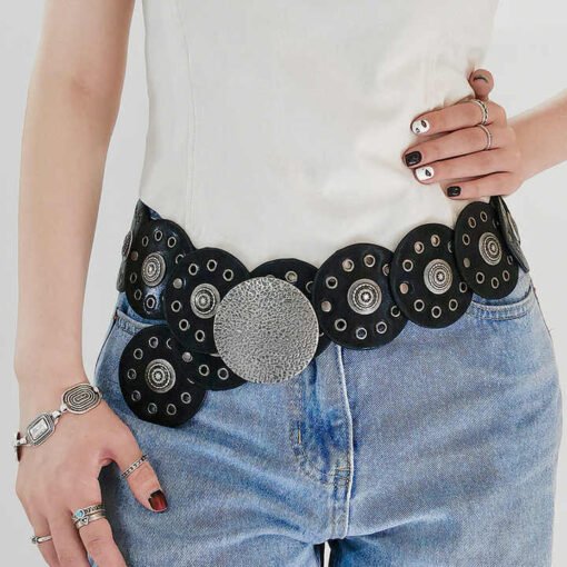 Retro Punk Metal Buckle Big Round Rivet PU Leather Belt Wide Disk Link Boho Oval Disc Concho Leather Belt for Cowboy Cowgirl - Image 2