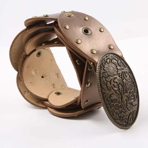 Retro Punk Metal Buckle Big Round Rivet PU Leather Belt Wide Disk Link Boho Oval Disc Concho Leather Belt for Cowboy Cowgirl - Image 6