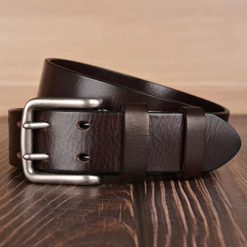 Casual 2 Holes Full Grain Leather Work Waist Belts 38mm Heavy Duty Double Prong Buckle Genuine Leather Belt for Men Jeans - Image 4