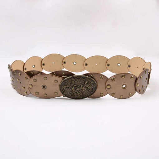 Retro Punk Metal Buckle Big Round Rivet PU Leather Belt Wide Disk Link Boho Oval Disc Concho Leather Belt for Cowboy Cowgirl - Image 3