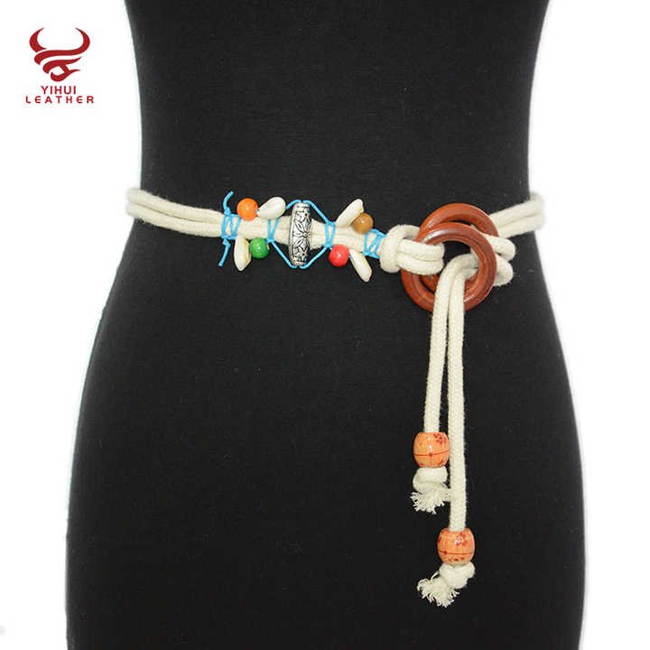 Summer Vintage Pattern Handmade Wax Round Wooden Buckle Beads Braided Waist Ethnic Rope Belts